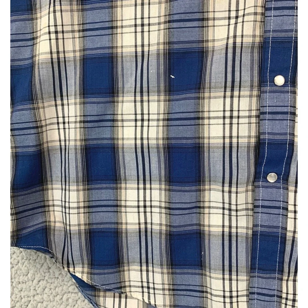 Plains Western Wear Shirt Mens M Blue‎ Plaid Pearl Snap Short Sleeve Yoke